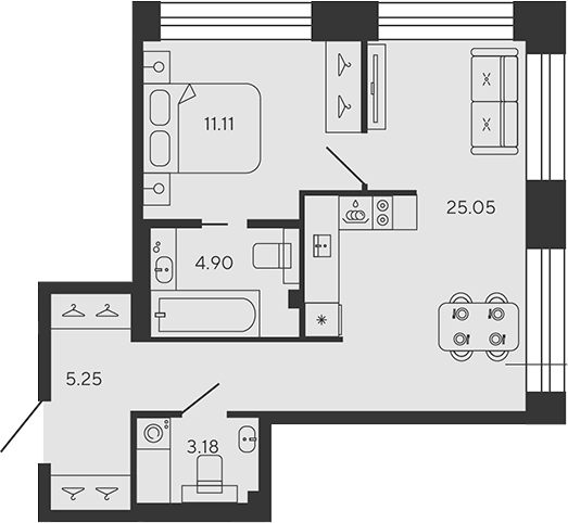 Планировка евродвушка (2Е) 49.49 м² в ЖК «BASHNI ELEMENT», корпус 3-ТИТАН