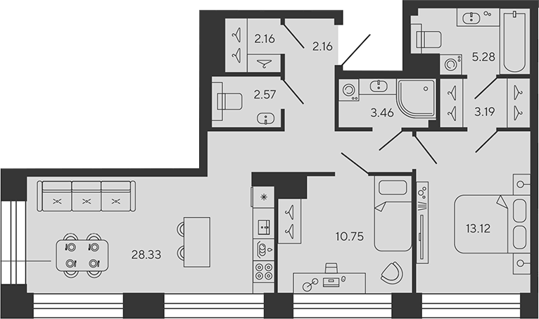 Планировка евротрёшка (3Е) 71.02 м² в ЖК «BASHNI ELEMENT», корпус 3-ТИТАН