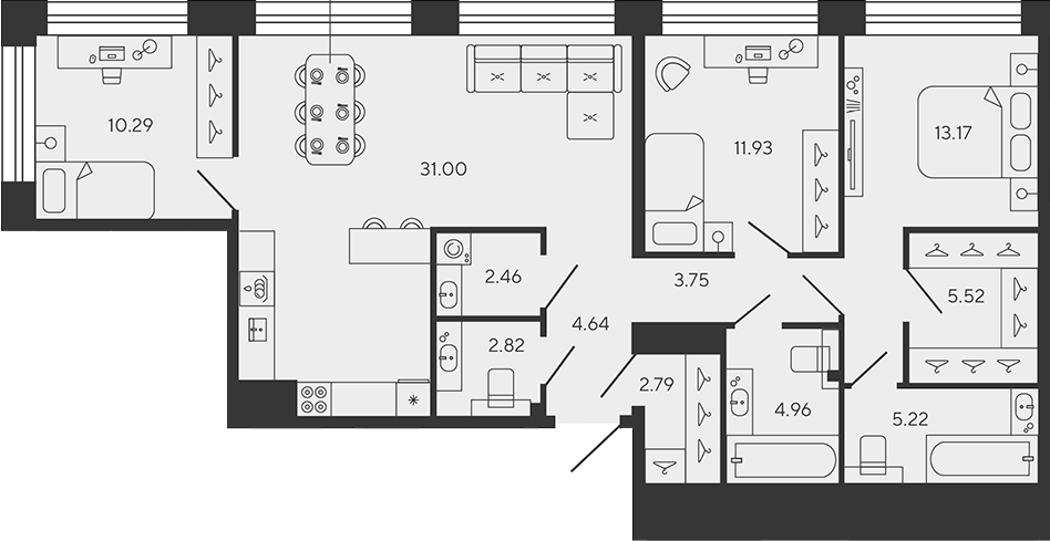 Планировка евро-4 (4Е) 98.55 м² в ЖК «BASHNI ELEMENT», корпус 5-ВОЛЬФРАМ