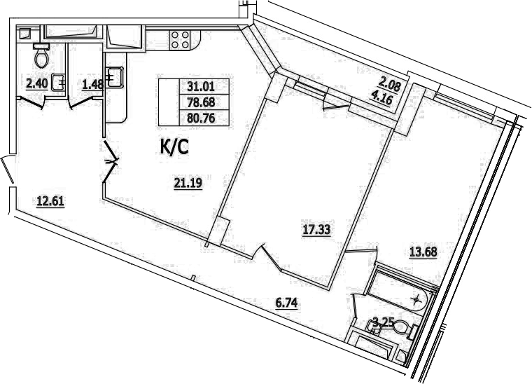 Планировка евротрёшка (3Е) 80.76 м² в ЖК «Байрон», корпус 2.16