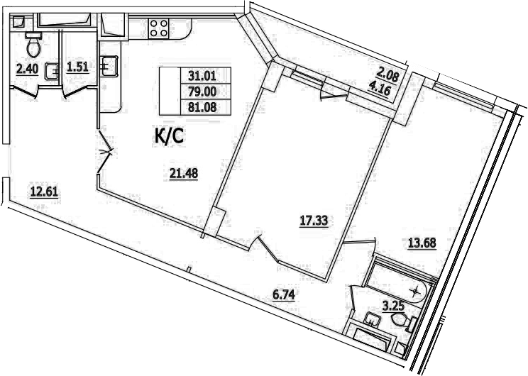Планировка евротрёшка (3Е) 81.08 м² в ЖК «Байрон», корпус 2.16