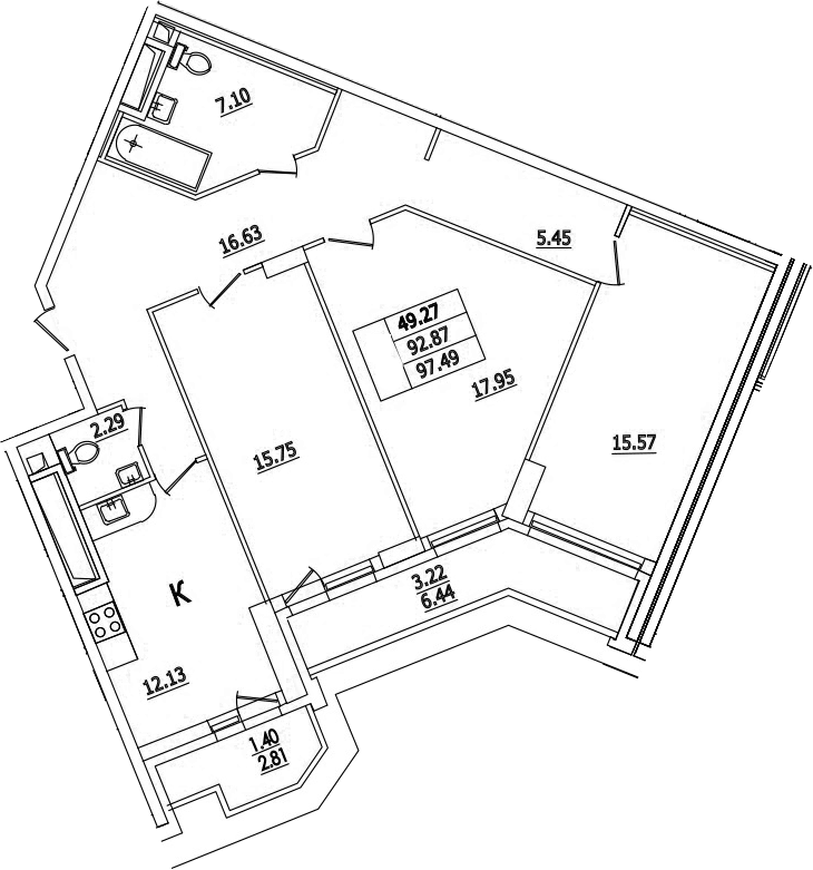 Планировка трёхкомнатная 97.49 м² в ЖК «Байрон», корпус 2.16