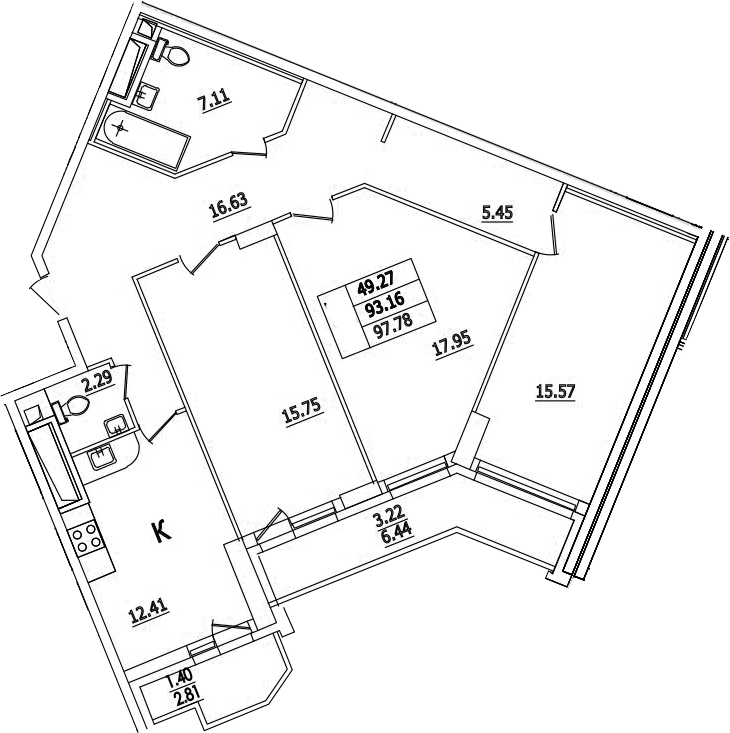 Планировка трёхкомнатная 97.78 м² в ЖК «Байрон», корпус 2.16