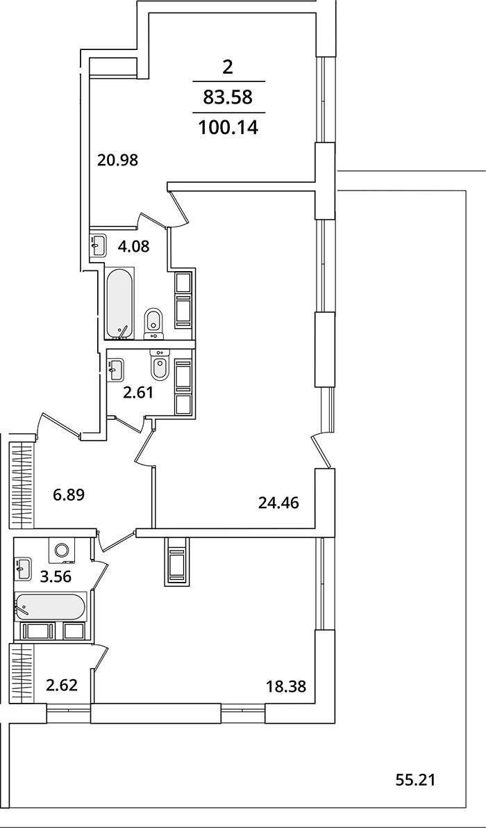 Планировка евротрёшка (3Е) 99.7 м² в ЖК «БелАрт», корпус 3