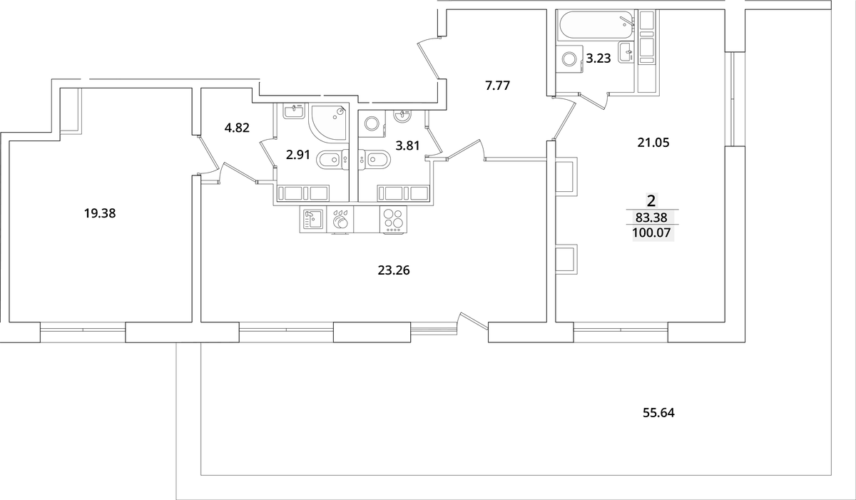 Планировка евротрёшка (3Е) 99 м² в ЖК «БелАрт», корпус 2
