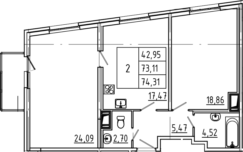 Планировка евротрёшка (3Е) 74.31 м² в ЖК «Belevsky Club», корпус 4