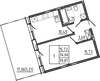Планировка однокомнатная 39.87 м² в ЖК «Bereg. Курортный», корпус WOOD