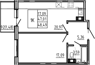 Планировка евродвушка (2Е) 48.49 м² в ЖК «Bereg. Курортный», корпус AQUA