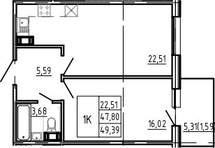 Планировка евродвушка (2Е) 49.39 м² в ЖК «Bereg. Курортный», корпус AQUA