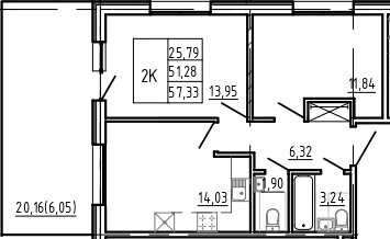 Планировка двухкомнатная 57.33 м² в ЖК «Bereg. Курортный», корпус AQUA