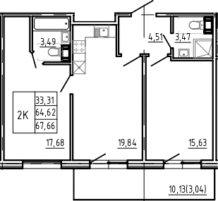 Планировка евротрёшка (3Е) 67.66 м² в ЖК «Bereg. Курортный», корпус AQUA