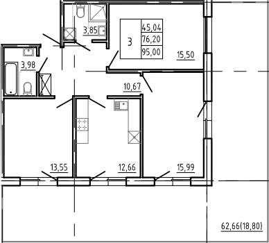 Планировка трёхкомнатная 89.22 м² в ЖК «Bereg. Курортный», корпус WOOD