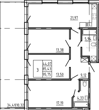 Планировка евро-4 (4Е) 95.75 м² в ЖК «Bereg. Курортный», корпус WOOD