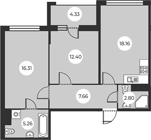Планировка евротрёшка (3Е) 64.76 м² в ЖК «БФА в Озерках», корпус 9