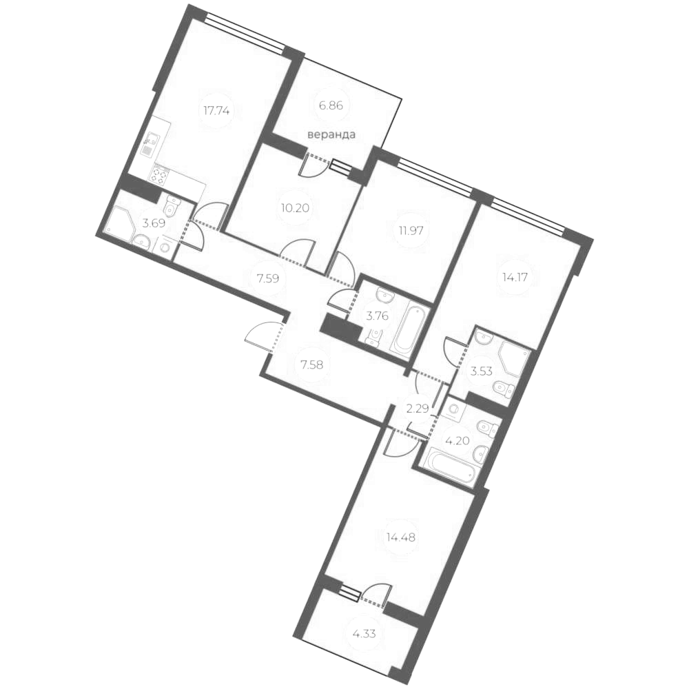 Планировка 5Е-к.кв 110.23 м² в ЖК «БФА в Озерках», корпус 9