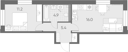 Планировка евродвушка (2Е) 37.5 м² в ЖК «Большая Охта», корпус 9
