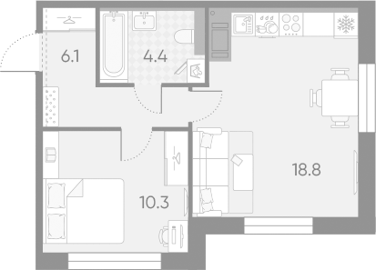Планировка евродвушка (2Е) 39.6 м² в ЖК «Большая Охта», корпус 6