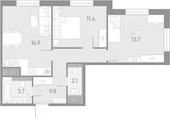 Планировка евротрёшка (3Е) 57.6 м² в ЖК «Большая Охта», корпус 6