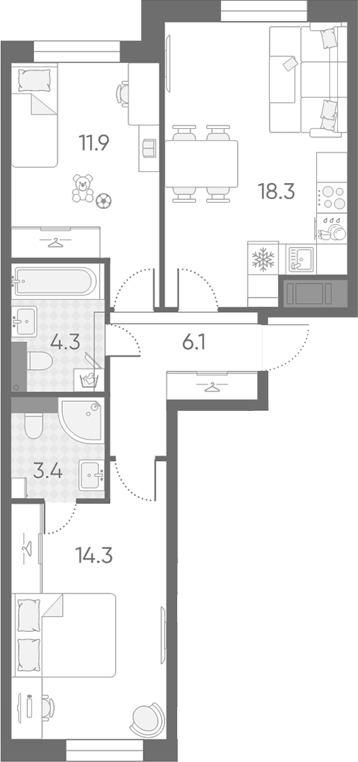 Планировка евротрёшка (3Е) 58.3 м² в ЖК «Большая Охта», корпус 5