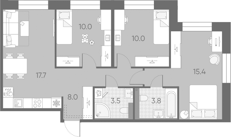 Планировка евро-4 (4Е) 68.4 м² в ЖК «Большая Охта», корпус 10