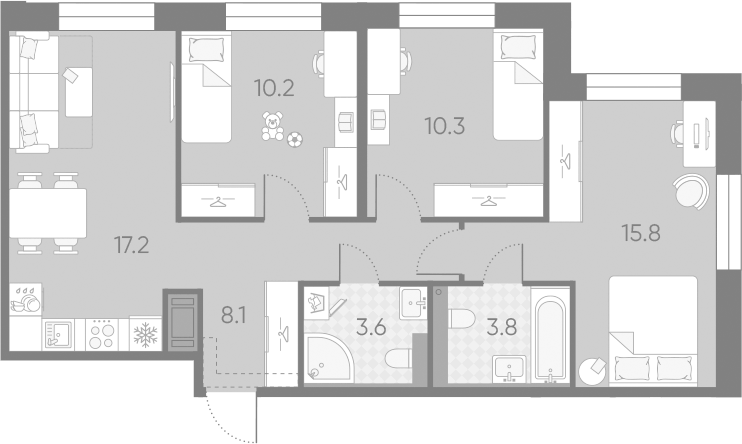 Планировка евро-4 (4Е) 69 м² в ЖК «Большая Охта», корпус 10