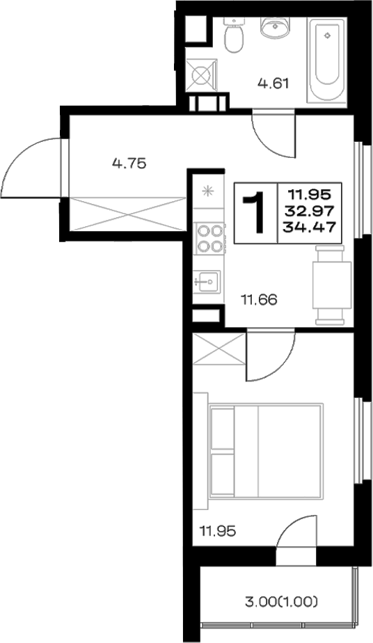 Планировка однокомнатная 34.47 м² в ЖК «Борский», корпус 1.1