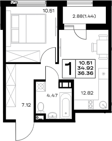 Планировка однокомнатная 36.36 м² в ЖК «Борский», корпус 1.1