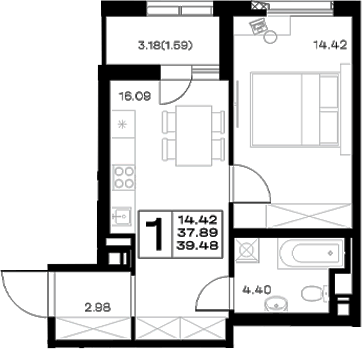 Планировка евродвушка (2Е) 39.48 м² в ЖК «Борский», корпус 1.1