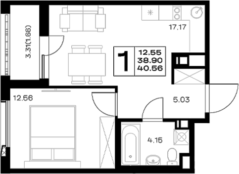 Планировка евродвушка (2Е) 40.57 м² в ЖК «Борский», корпус 1.1