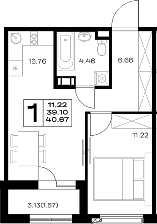Планировка евродвушка (2Е) 40.67 м² в ЖК «Борский», корпус 1.1