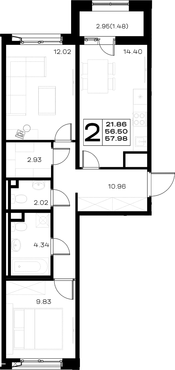 Планировка двухкомнатная 57.98 м² в ЖК «Борский», корпус 1.1