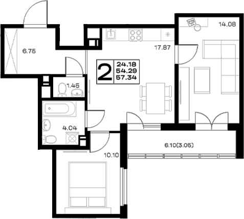 Планировка евротрёшка (3Е) 57.34 м² в ЖК «Борский», корпус 1.1