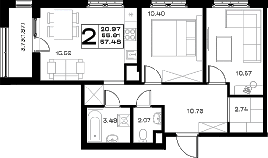 Планировка евротрёшка (3Е) 57.48 м² в ЖК «Борский», корпус 1.1