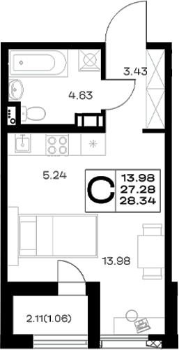 Планировка Студии 28.34 м² в ЖК «Борский», корпус 1.1