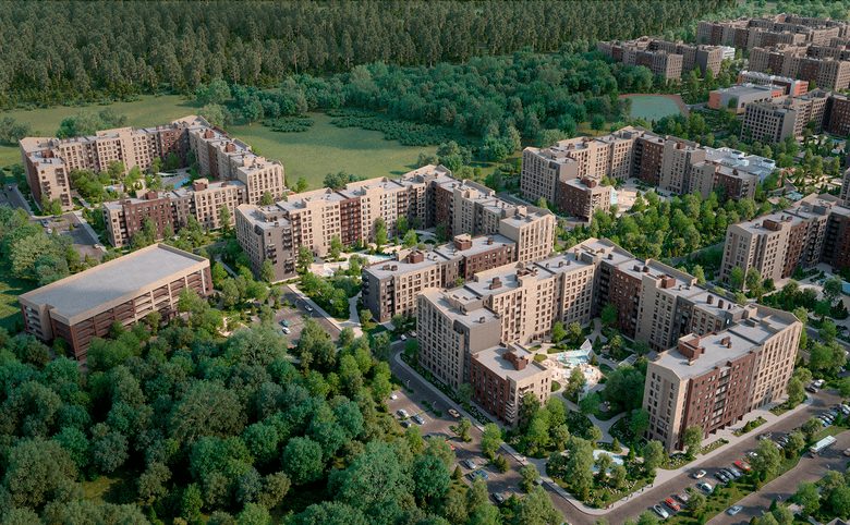 Борский — Генплан с высоты: 18 корпусов по краю леса, слева — отдельны