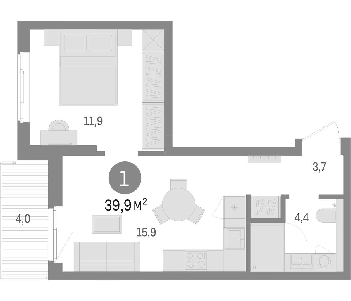 Планировка однокомнатная 39.9 м² в ЖК «Брусника в Новоселье», корпус 2