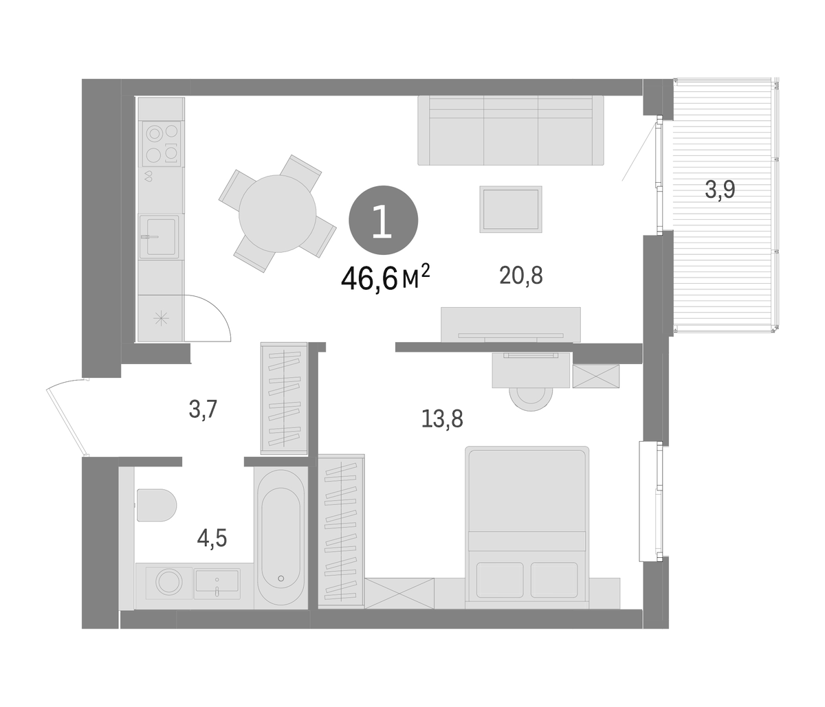 Планировка евродвушка (2Е) 46.7 м² в ЖК «Брусника в Новоселье», корпус 3