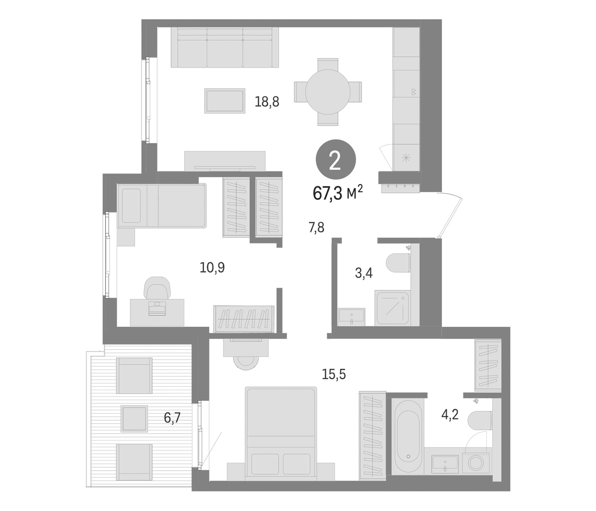 Планировка двухкомнатная 67.3 м² в ЖК «Брусника в Новоселье», корпус 2