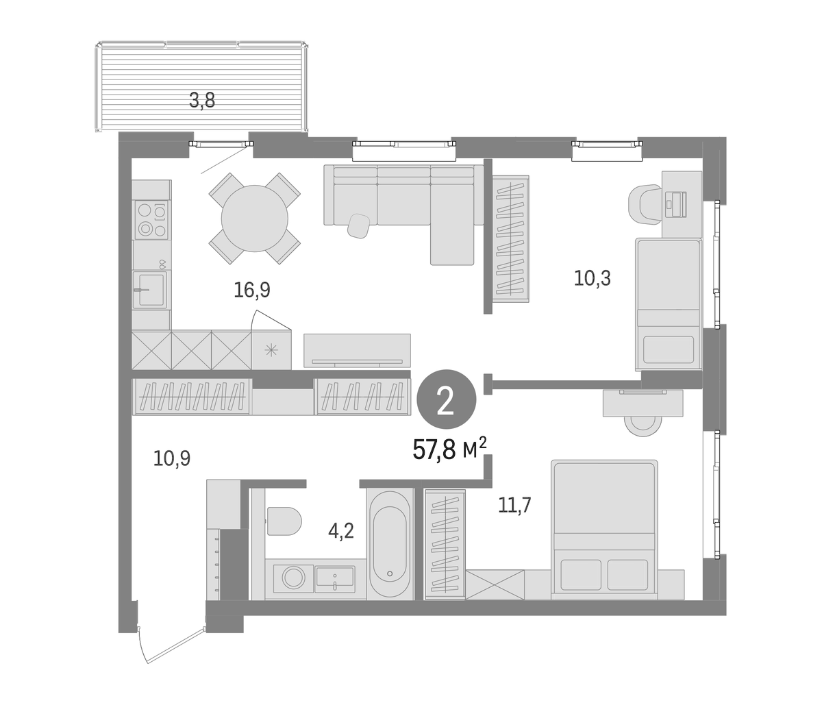 Планировка евротрёшка (3Е) 57.8 м² в ЖК «Брусника в Новоселье», корпус 3