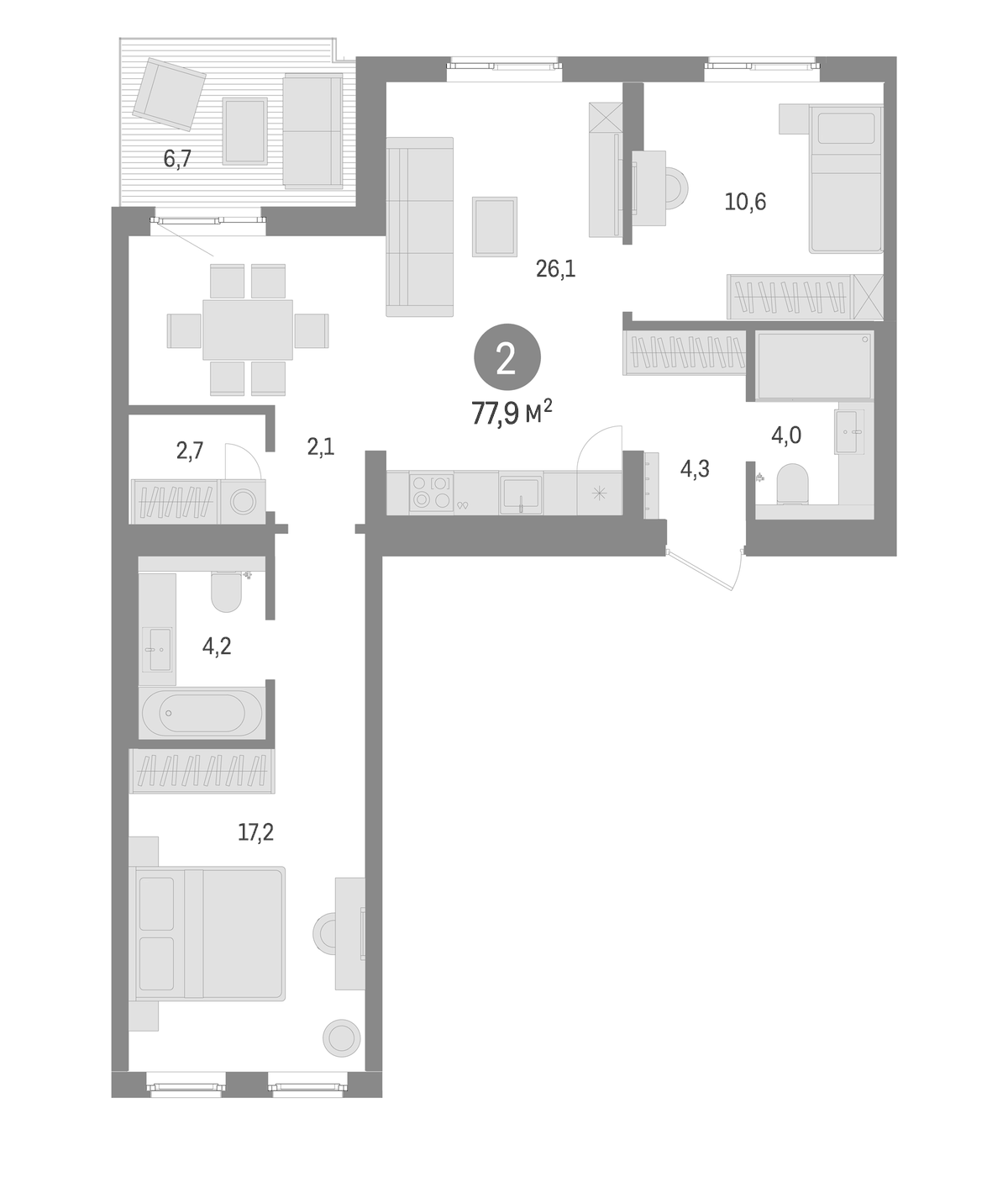 Планировка евротрёшка (3Е) 77.9 м² в ЖК «Брусника в Новоселье», корпус 2