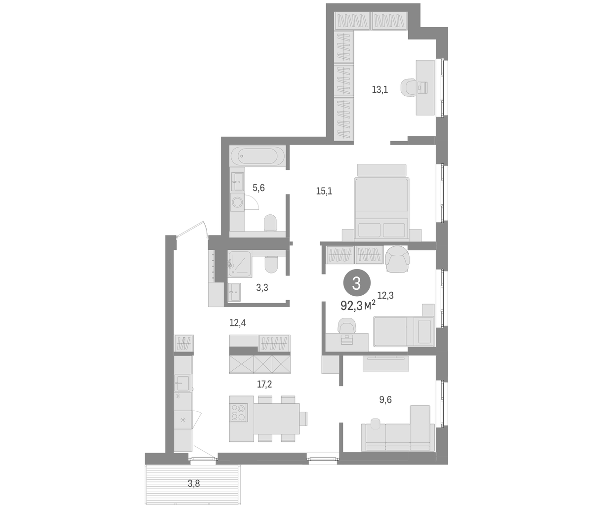 Планировка евро-4 (4Е) 92.3 м² в ЖК «Брусника в Новоселье», корпус 2