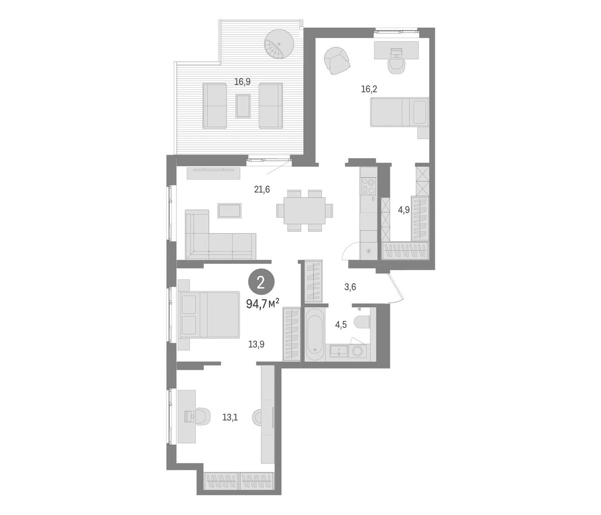 Планировка 5Е-к.кв 94.7 м² в ЖК «Брусника в Новоселье», корпус 2