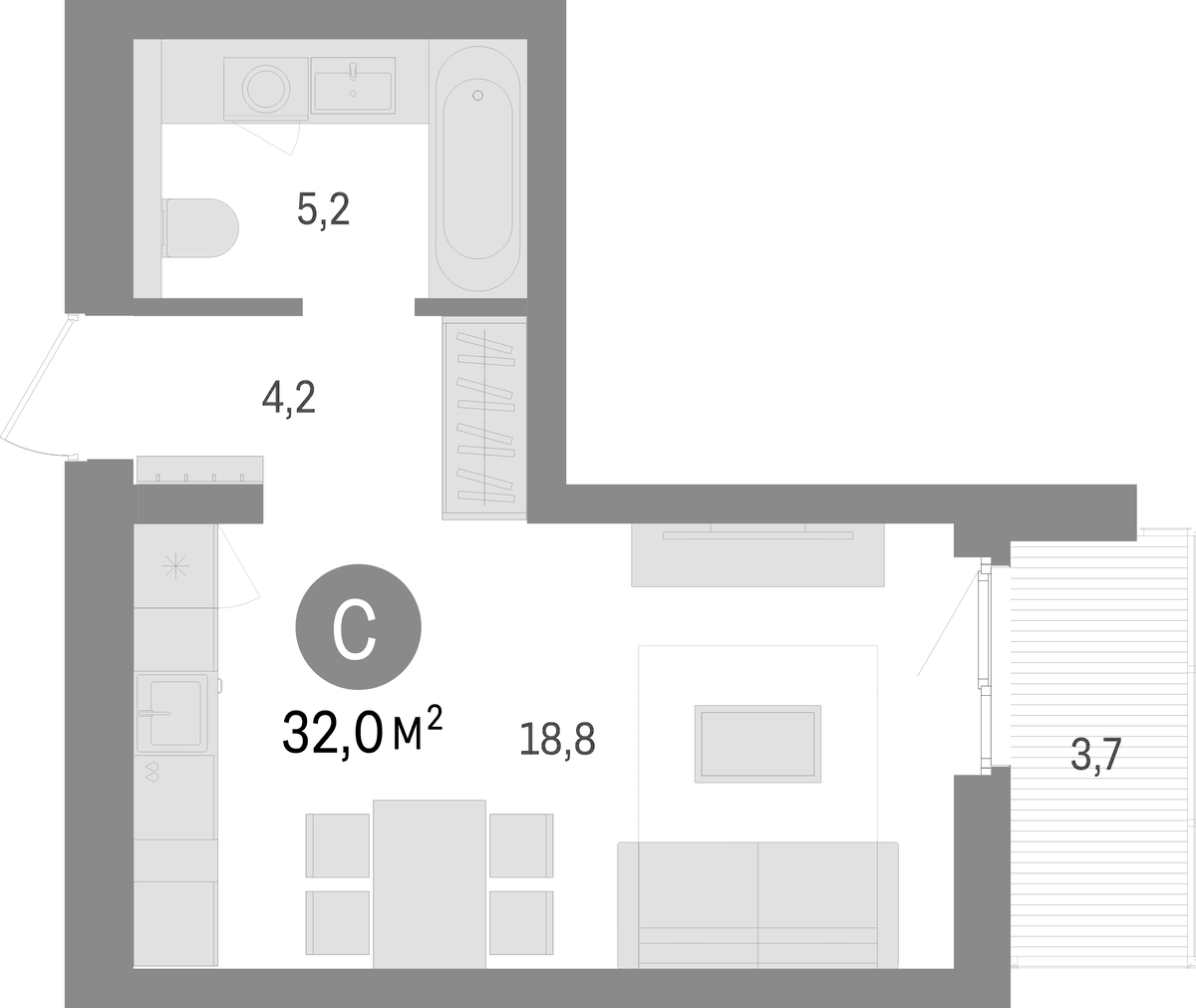 Планировка Студии 32 м² в ЖК «Брусника в Новоселье», корпус 2