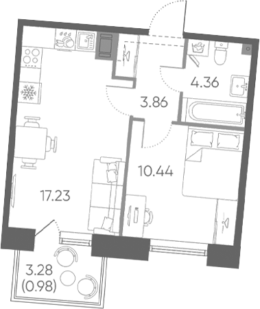 Планировка евродвушка (2Е) 36.87 м² в ЖК «Бульвар Грина», корпус 2