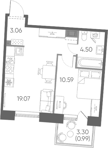 Планировка евродвушка (2Е) 38.21 м² в ЖК «Бульвар Грина», корпус 2