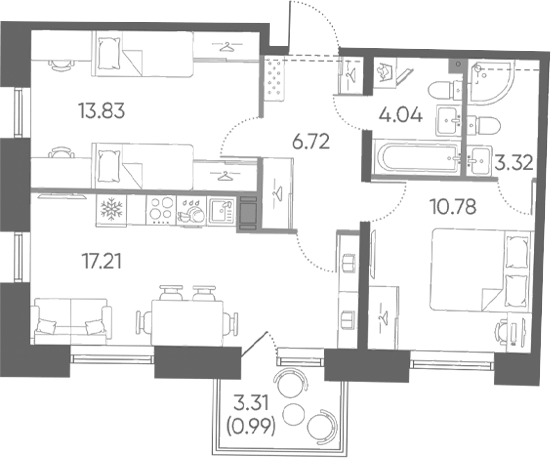Планировка евротрёшка (3Е) 56.89 м² в ЖК «Бульвар Грина», корпус 2