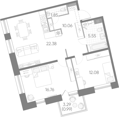Планировка евротрёшка (3Е) 69.67 м² в ЖК «Бульвар Грина», корпус 1