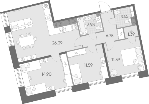 Планировка евро-4 (4Е) 79.68 м² в ЖК «Бульвар Грина», корпус 1
