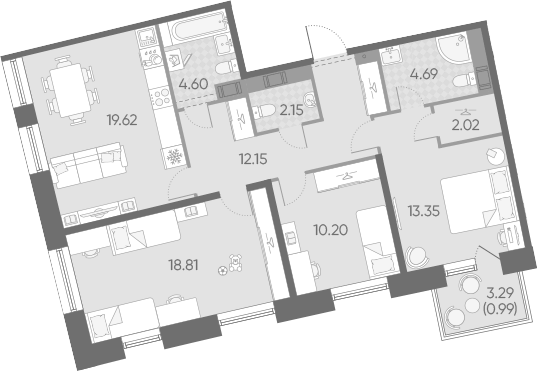 Планировка евро-4 (4Е) 88.58 м² в ЖК «Бульвар Грина», корпус 1