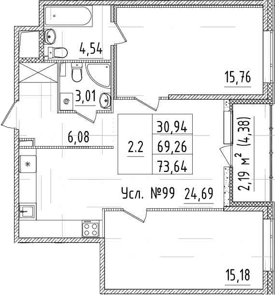 Планировка евротрёшка (3Е) 71.45 м² в ЖК «ЦДС Черная речка», корпус 3